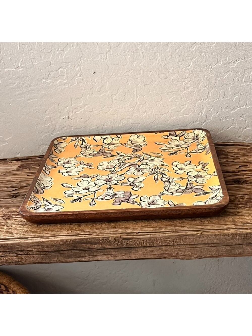 Creative Co-Op Yellow with White Flowers Decorative Square Wooden Tray 10”